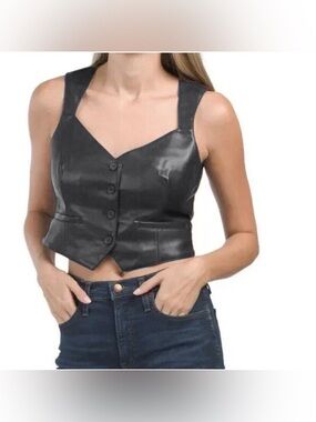 7 For All Mankind Black Leather Button-Front Crop Vest